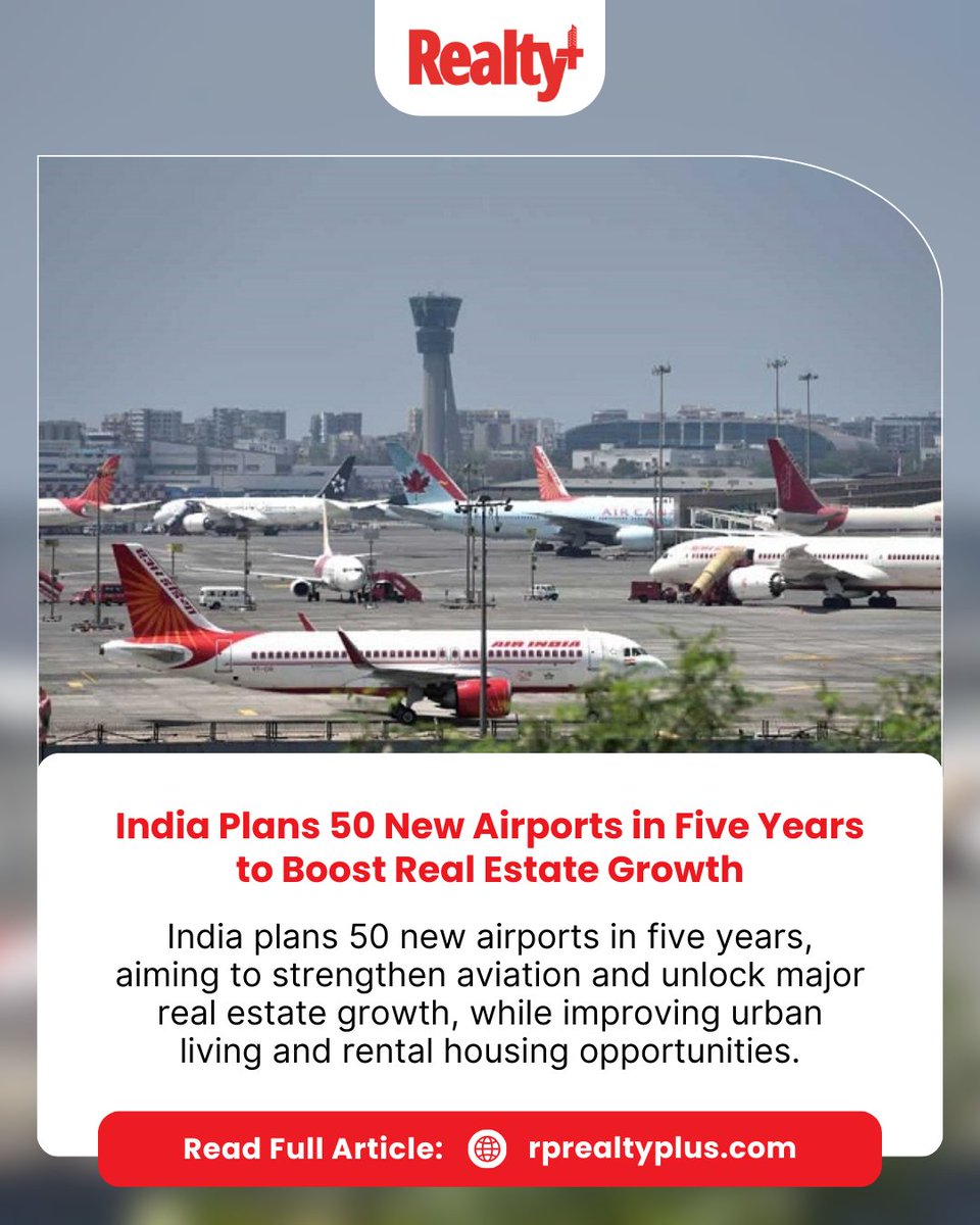 RPRealtyPlus's tweet image. India is reportedly planning to add 50 new airports over the next five years to strengthen aviation infrastructure.

Read more: rprealtyplus.com/news-views/ind…

#IndianAviation #InfrastructureGrowth #RealEstateIndia #UrbanDevelopment #AirportCorridor