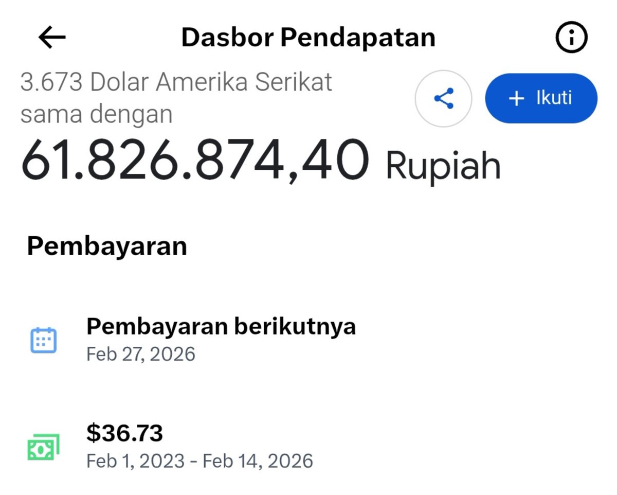 Seneng banget gajian pertama dari elon langsung dikasih jp, dapet $3.673  dollar yang klo dirupiahin jadi 61.826.874 juta, Sumpah ganyangka banget bund