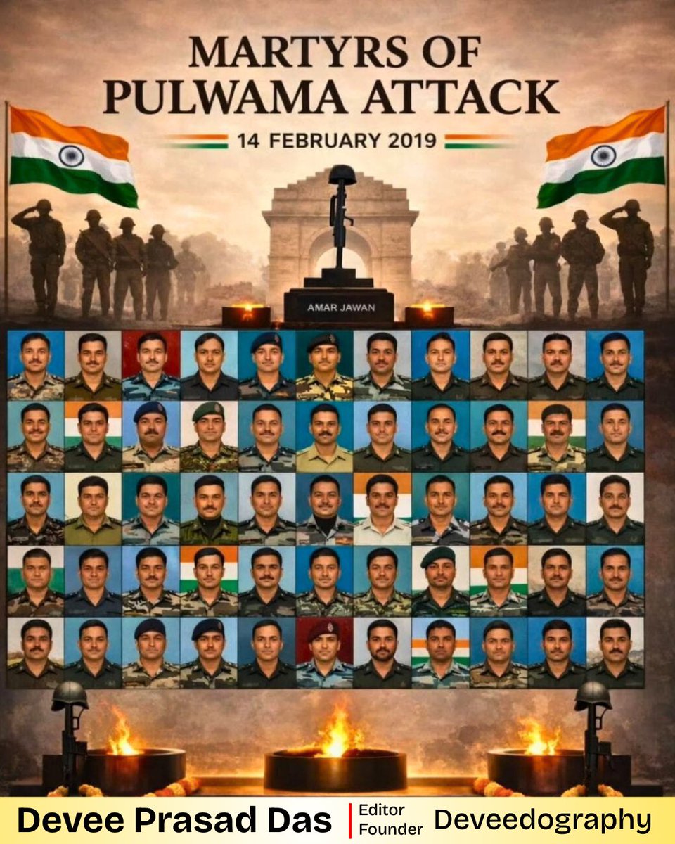 A day etched in our hearts with the ink of sacrifice. Today, we stand in silence to honor the 40 bravehearts of the Pulwama attack. Their courage remains our strength. While the world celebrates love, we celebrate the ultimate love they had for the nation. 
#Pulwama #JaiHind