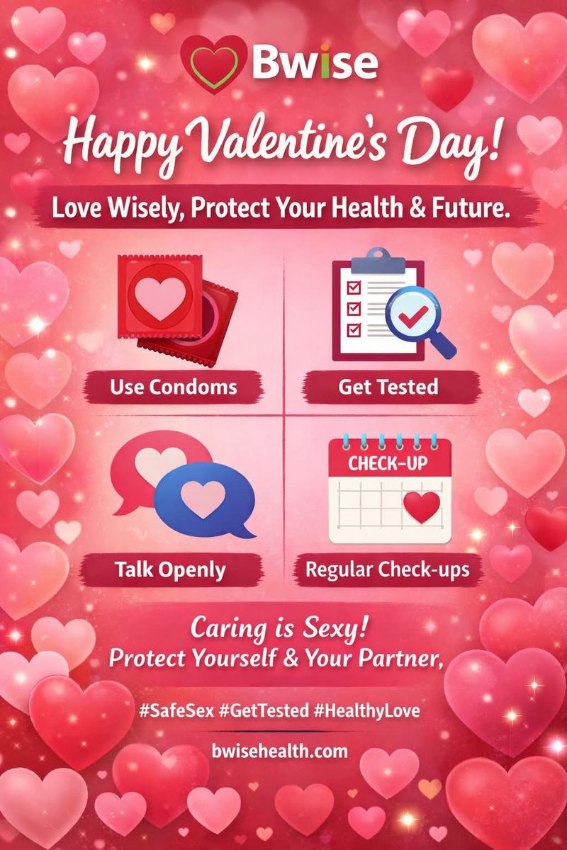 HealthZA's tweet photo. #LoveResponsibly Every love story starts with responsible choices.

This Valentine’s Day, show love not just with words but with action.
✔️ Use protection
✔️ Get tested
✔️ Talk openly
✔️ Go for regular check-ups

Caring for yourself and your partner is powerful. #BWise💙 https://t.co/ZMFhuCm18e