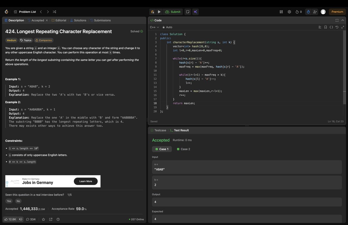 Rohan_269's tweet photo. Day 103/200: Solved -“Longest Repeating Character Replacement” 🔁
Used sliding window + frequency map to keep track of the most frequent character.

Really liked the trick: window size − maxFreq ≤ k ⚡💪

#200DaysOfCode #LeetCode #Day103 #DSA #strivers #A2ZDsa https://t.co/1aAxdnfu0B
