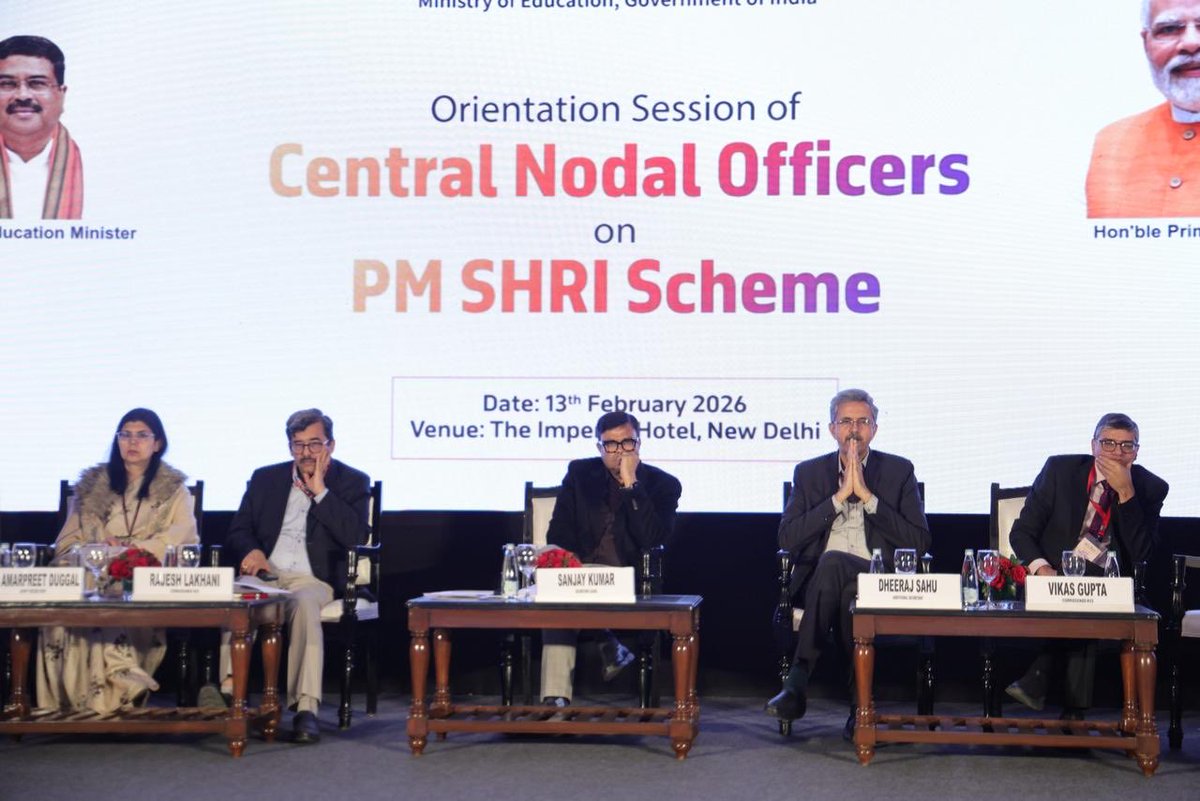EduMinOfIndia's tweet photo. An orientation session for Government of India officers on upcoming PM SHRI school visits was held on 13th February, 2026 to brief them on the PM SHRI Scheme and the objective of the visits — to review how #NEP2020 is being implemented in #PMSHRISchools across States and UTs.

Shri Sanjay Kumar, Secretary, Department of School Education and Literacy (DoSEL), emphasised the importance of ensuring quality education in PM SHRI schools. He highlighted the need for effective governance at the block and district levels and stressed the role of empowered headmasters in strengthening overall school functioning.

Shri Dheeraj Sahu, Additional Secretary, DoSEL, spoke about the PM SHRI Scheme, outlined the review points for field visits and presented the portal to be used for uploading inspection reports. In the coming days, Joint Secretary-level officers will undertake school inspection visits to States and UTs to review the functioning of PM SHRI schools, with a focus on the implementation of NEP 2020.

#ViksitBharat #DoSEL #SchoolEducation #TransformingEducation