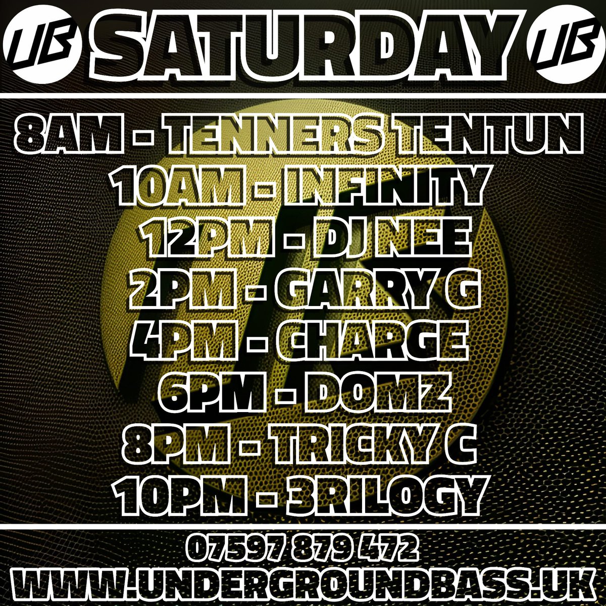 🔥 Saturdays selectors 🔥

Undergroundbass.uk
Stream - Chatroom - Merchandise 

📲 Studio Line 07597 879472