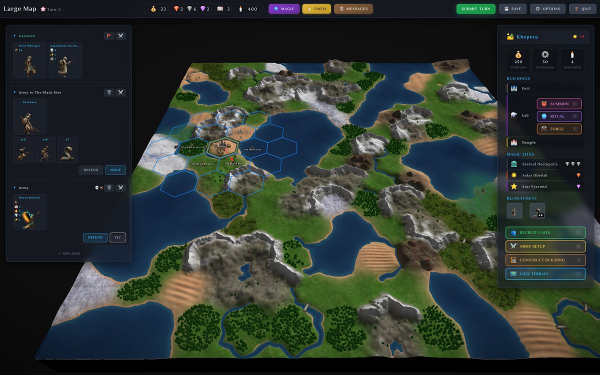 WindforceGames's tweet photo. 🎮 Legendary Update - Feb 7 - 14

✨ New
- Flying units overhauled: parabolic arcs, air-to-air collision, hover bob, physics-based death
- Ritual summons redesigned - multi-summon per turn based on lab level
- Strategic rituals cast from lab with map targeting
- Repeat next turn toggle for forging and rituals
- All heroes are now sacred with faith bonuses and auto-bless
- Directional blood spray from actual damage angles

⚡ Better
- Spell system rebalanced - cast time/fatigue from path levels
- Redesigned spell, item, and forge tooltips
- Landing page and login flow simplified
- Battlefield performance improvements

🐛 Fixed
- Flying units no longer stack or clip through ground units
- Unit rout only triggers after 50%+ army losses
- Ranged attacks now use 3D distance for flying targets