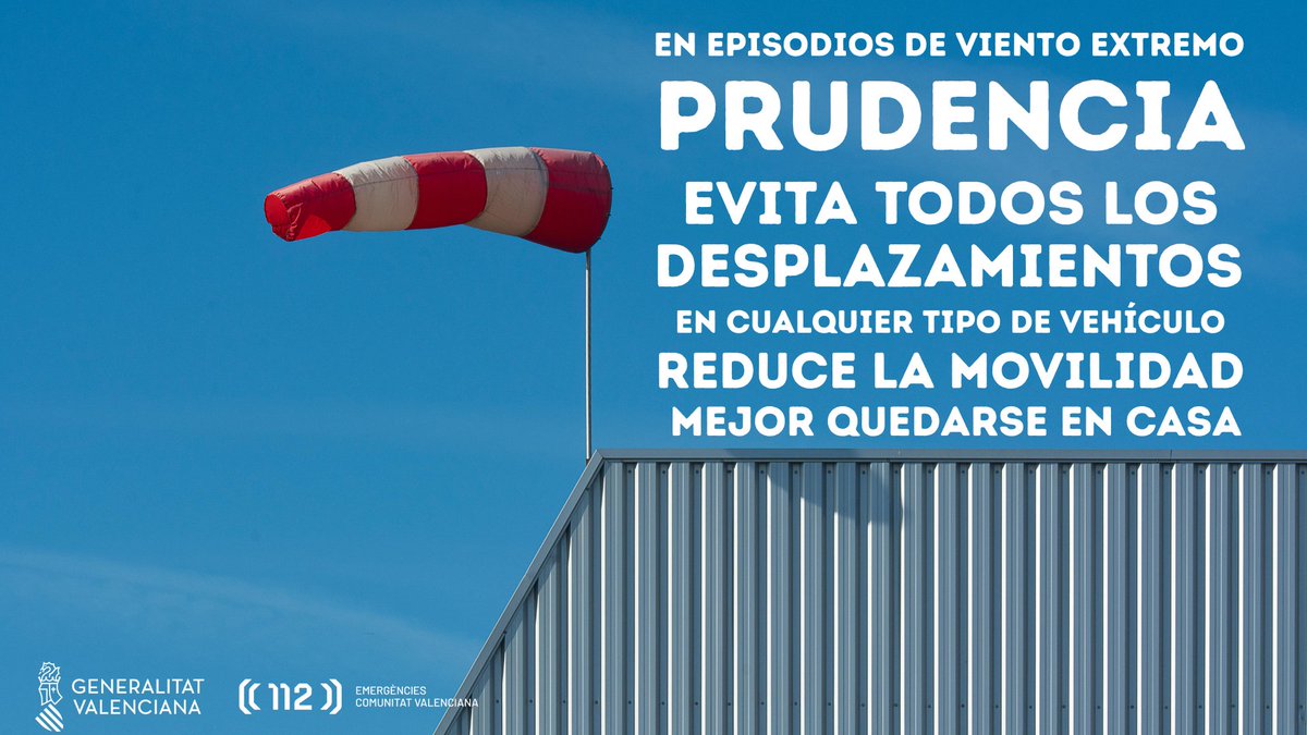 🍃Recordamos que hoy estamos en alerta roja por vientos en la provincia de Castellón,  y naranja en las provincias de Valencia y Alicante.

Es conveniente restringir todo tipo de desplazamientos y reducir la movilidad para evitar posibles incidentes. 

 📲Y ante cualquier