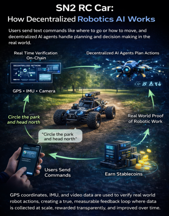 MaximusSakai's tweet photo. SN2 RC Car is a strong example of how autonomy should actually be built Users give simple high level commands and real RC cars execute them in real environments while decentralized AI agents handle planning and decision making

What makes this powerful is verification GPS IMU and video data are used to prove what happened in the physical world so results are measurable and trustless

This turns robotics into a real feedback loop data gets collected validated rewarded and improved over time Moving autonomy from theory to reality @konnex_world