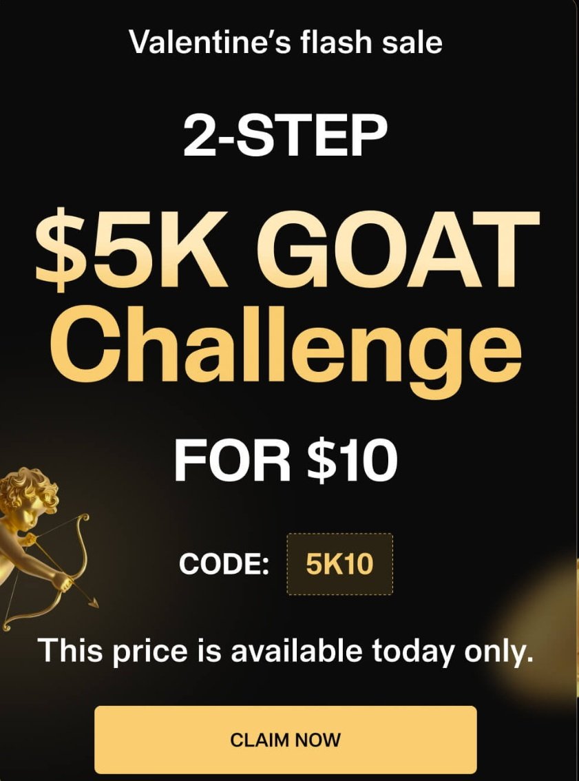 Valentine Flash Sale: $5K challenge for $10 📢

Available today only

Code: 5k10 

Available now: checkout.goatfundedtrader.com/aff/FiZZ/