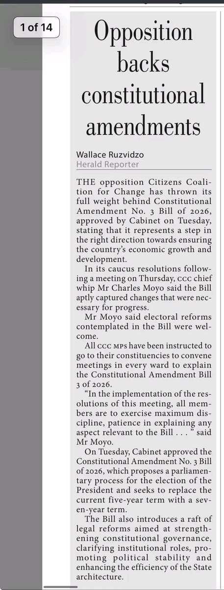 The Opposition <a href="/CCCZimbabwe/">Citizens' Coalition for Change</a>
party backs the Constititional Ammendment No 3

Constitutional Amendment No. 3, which seeks to extend President <a href="/edmnangagwa/">President of Zimbabwe</a>'s term to 2030, is an initiative driven not by politics, but by the general populace and citizens across the political divide.