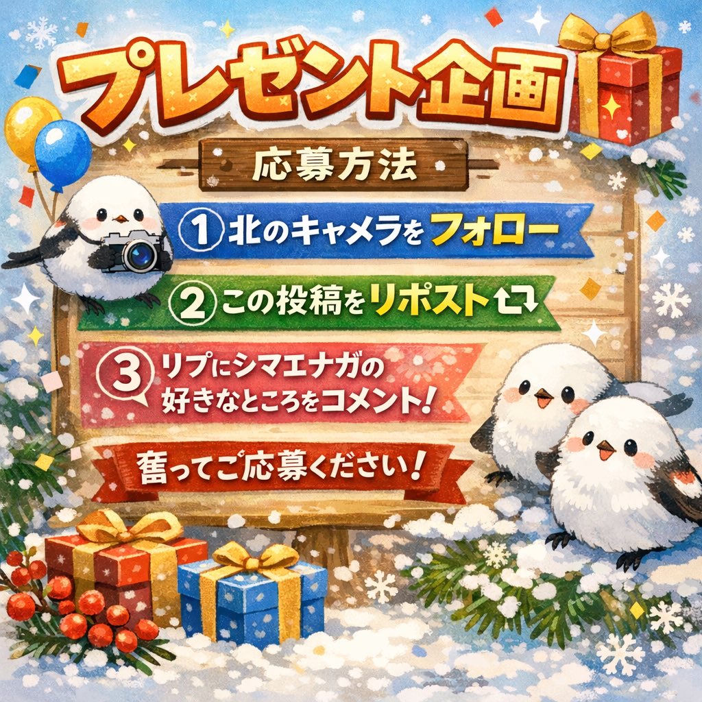 【！！プレゼント企画！！】
フォロワー2.1万人を記念して

「シマエナガ木製チャーム」
を【７名】の方にプレゼントします🎁

応募方法は画像の通り！
画像の３ステップすべてを行なってくださいった方の中から抽選で7名様にプレゼント！

【応募期間】
2/14今現在〜2/21 昼12:00

ぜひご参加ください