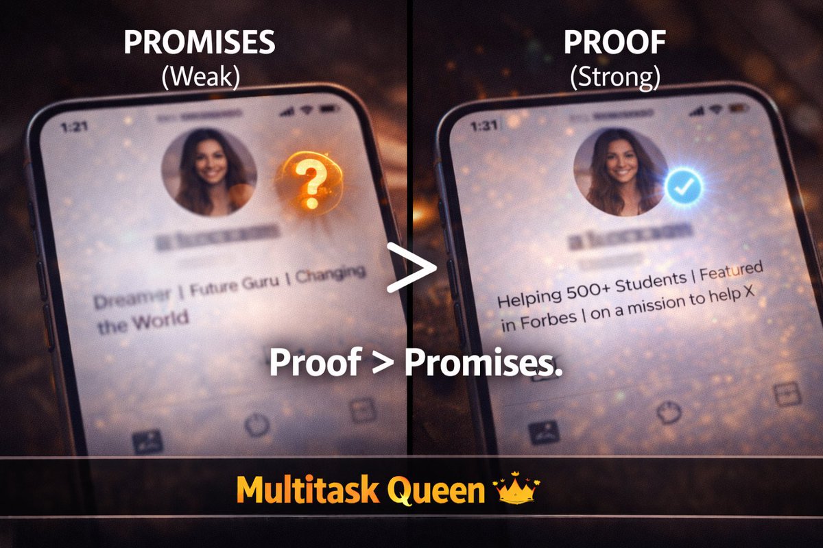 Multitask_Queen's tweet photo. Add "Social Proof" to your bio. "Featured in X" or "Helping 500+ Students." If you have no proof, use a mission: "On a mission to help X." Give them a reason to follow.

Save this &amp; Follow for daily growth hacks 👑 https://t.co/qPJV48EiKV