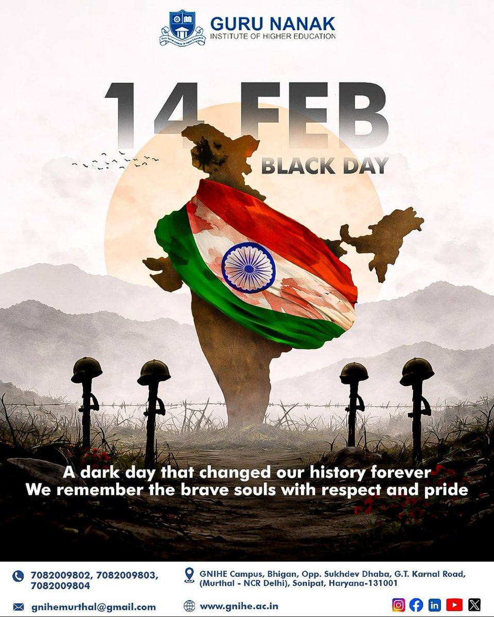 GniheOffical's tweet photo. 14 February โ A day of remembrance and resolve ๐ฎ๐ณ
Honouring the brave hearts who sacrificed for our nation. We remember with respect and pride
.
#BlackDay #PulwamaAttack #TributeToMartyrs #IndianArmy #SaluteToHeroes #NationFirst #IndiaRemembers #JaiHind #RespectAndPride https://t.co/2Mr6ONace9