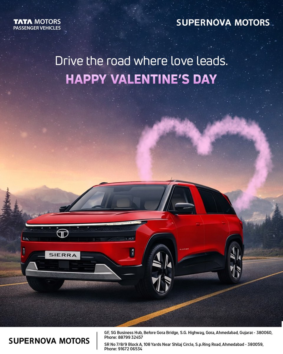 SupernovaTata's tweet photo. When hearts connect, every journey becomes beautiful.

Celebrate the season of love with a drive that’s stylish, powerful, and made to turn every mile into a memory worth cherishing.

Happy Valentine's Day from Supernova Motors.

#Supernovamotors #Valentineday #Tatamotorsmoments https://t.co/waphR7ipoL