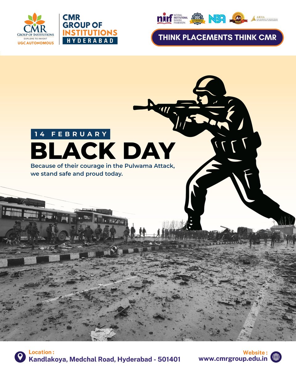 🇮🇳 14 February – Black Day

CMR Group of Institutions pays heartfelt tribute to the brave CRPF personnel who sacrificed their lives in the Pulwama attack. Their courage and dedication to the nation will always be remembered
#BlackDay #PulwamaAttack #TributeToMartyrs #IndianHeroes