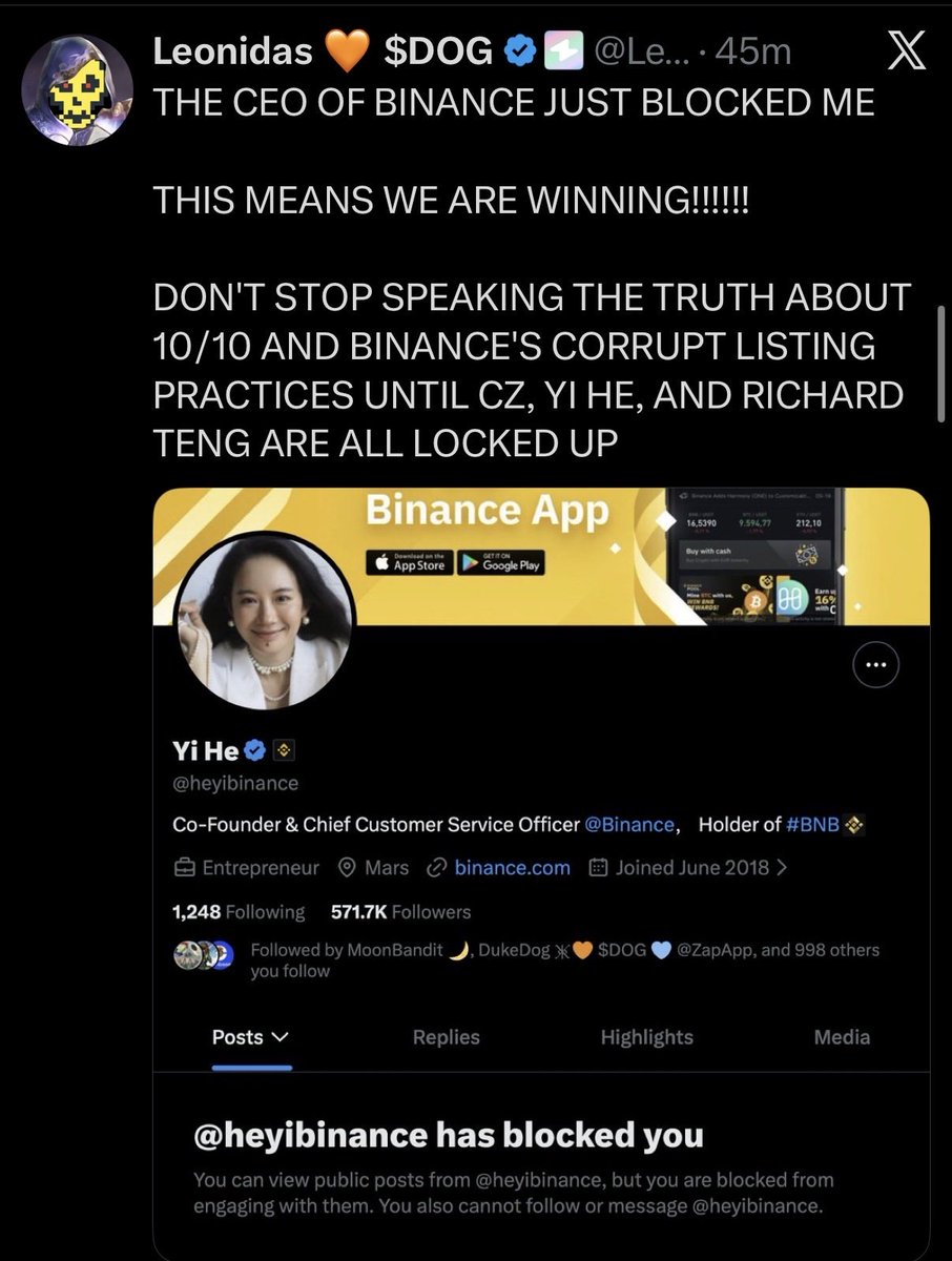 🚨JUST IN: <a href="/heyibinance/">Yi He</a> (Co-CEO #Binance &amp; CZ’s wife) just blocked <a href="/LeonidasNFT/">Leonidas 🧡 $DOG</a>.