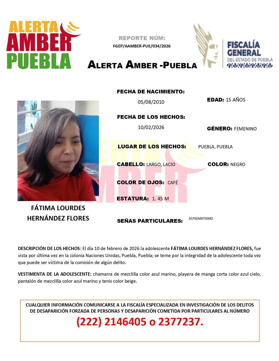 TribunaVigila's tweet photo. #Activan #AlertaAmber para localizar a Fátima Lourdes Hernández Flores de 15 años, fue vista por última vez en #10deFebrero en #Puebla. #Comparte #ServicioSocial #LaVozDeLosPoblanos #SeBusca https://t.co/UHHd1TPTe6