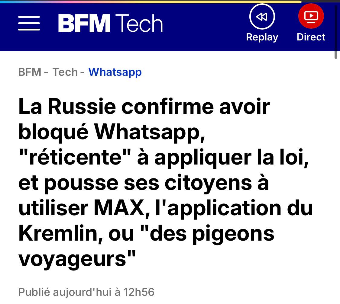 LesPatriotes21's tweet photo. Ça y est BFMTV s'insurge contre l'interdiction des réseaux sociaux !... mais seulement quand c'est la Russie qui bloque Whatsapp 🤡🤡
#FrexitVite  #LesPatriotes #LiberteExpression #FranceLibre https://t.co/C1WBya9eqG
