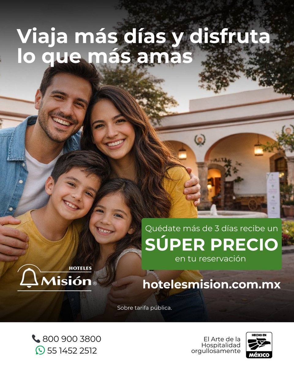 Reserva más de 3 días y disfruta descuentos especiales para descansar en Misión. 

 🚨 Reserva en
🌐hotelesmision.com.mx 
📞800 900 3800
🤳🏽WhatsApp: 55 1452 2512
👩🏽‍💻O solicita tu cotización a través de nuestro formulario: bit.ly/467rlp1
facebook.com/share/v/1AsGiX…