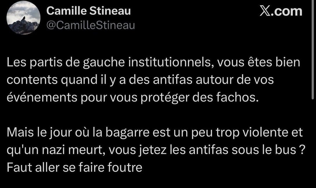 Camille  Stineau <a href="/CamilleStineau/">Camille Stineau</a> journaliste chez <a href="/blast_france/">BLAST, Le souffle de l'info</a> traite Quentin de nazi. 
On remarque que la branche médiatique pro hamas antisemite antiFrance proche de LFI soutient la branche armée La Jeune Garde.
Qui nous défendra ?