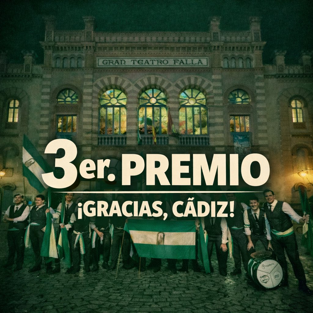 3er. Premio 👏🏻👏🏻👏🏻🥹🥹
¡Gracias, Cádiz! 💚

¡Nos vemos por las calles!

Viva Andalucía Libre 💚🤍💚
