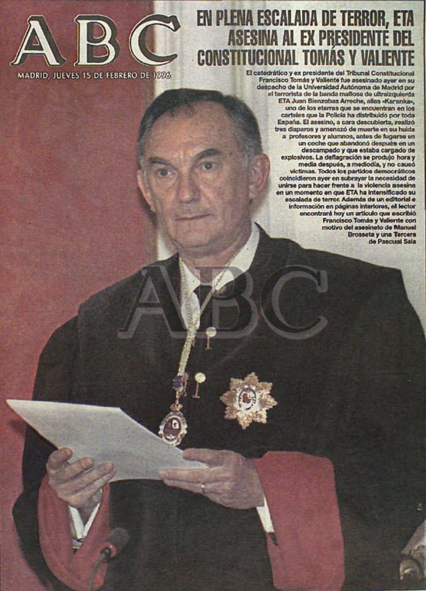 Tal día como hoy, ETA asesinó vil y cobardemente a Tomás y Valiente. Los jóvenes tenemos el deber de no olvidar, sobre todo en un momento en el que las víctimas son incómodas para el Gobierno. Porque sin memoria, la cobardía vence por dos.

🕊️ Memoria, Dignidad y Justicia.