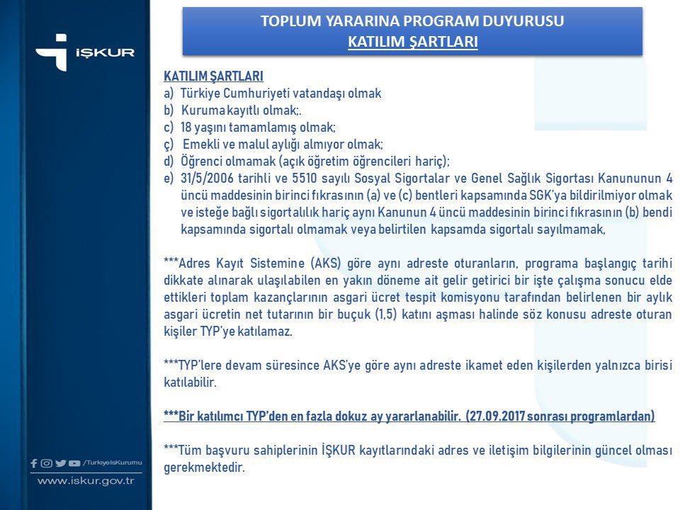 📣TOPLUM YARARINA PROGRAM DUYURUSU
Başvuru Tarihleri: 14-18 Şubat 2026
Başvurular;
✔ esube.iskur.gov.tr/Typ/TypArama.a…
✔e-Devlet,
✔ALO 170 
✔İl Müdürlüğümüz
üzerinden alınacaktır.