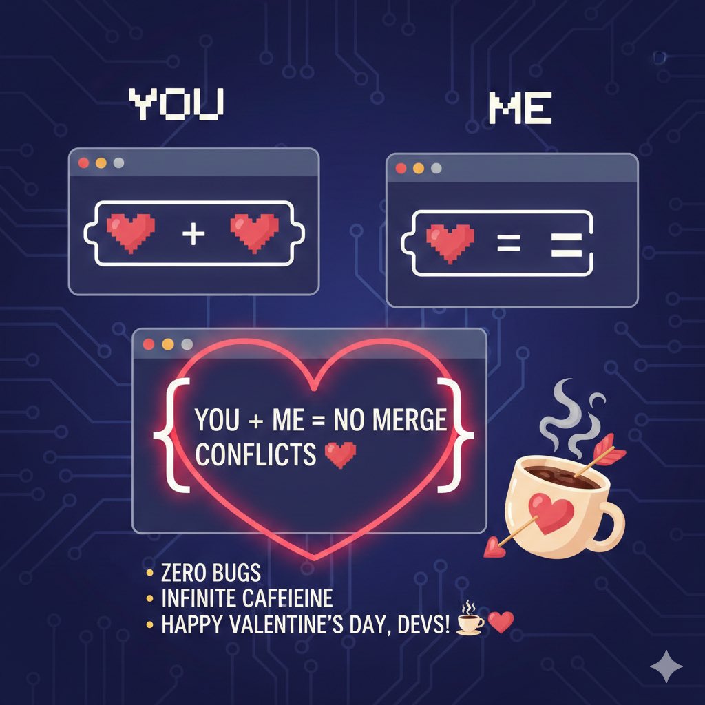 pawanwritescode's tweet photo. You + Me = No merge conflicts ❤️

Wishing all developers a Valentine's Day with zero bugs and infinite caffeine ☕💘 https://t.co/Y1E4fRqy8z