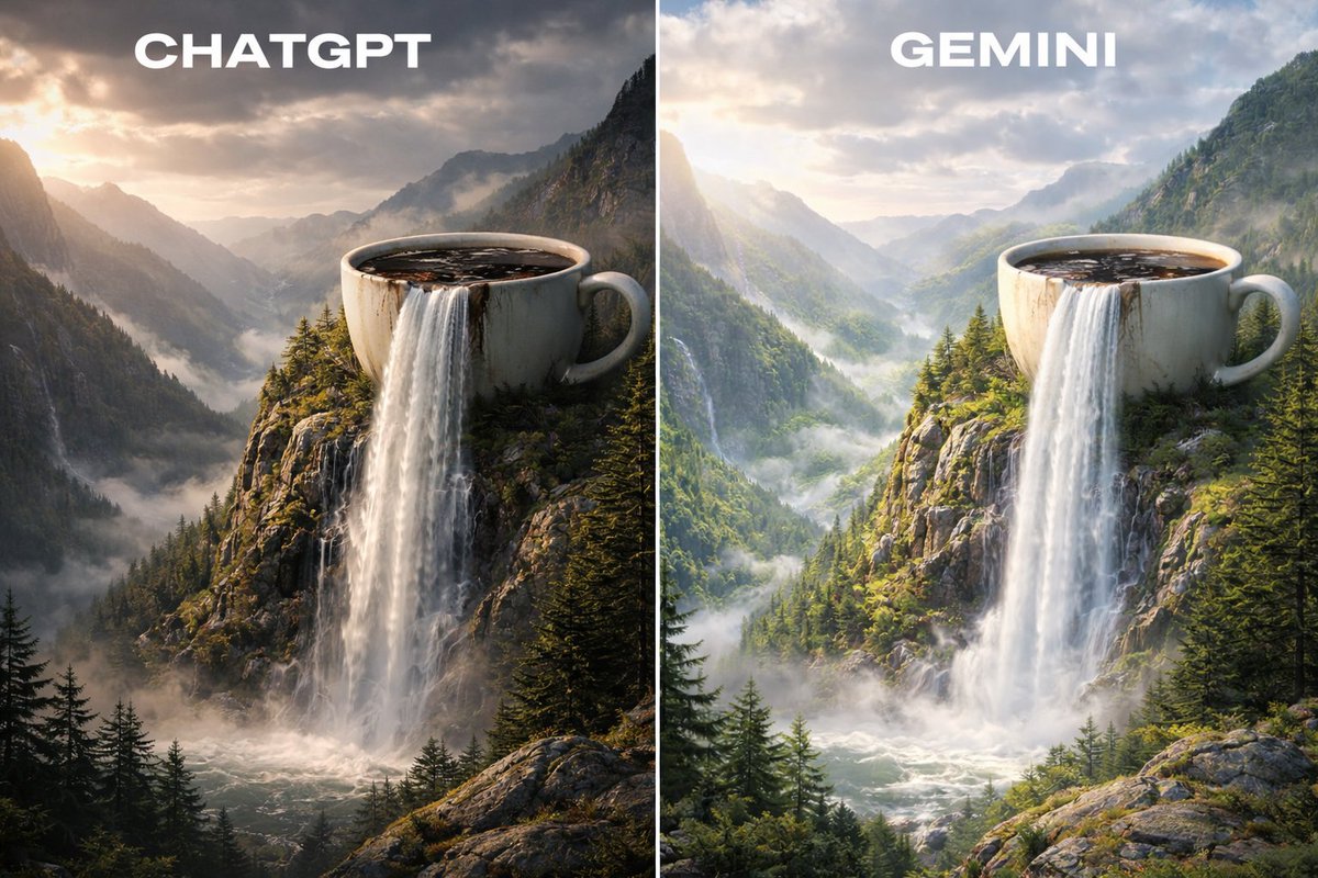 jamsheddev's tweet image. I asked ChatGPT &amp;amp; Gemini to generate:
 “A waterfall flowing out of a giant coffee cup”

Which one wins?