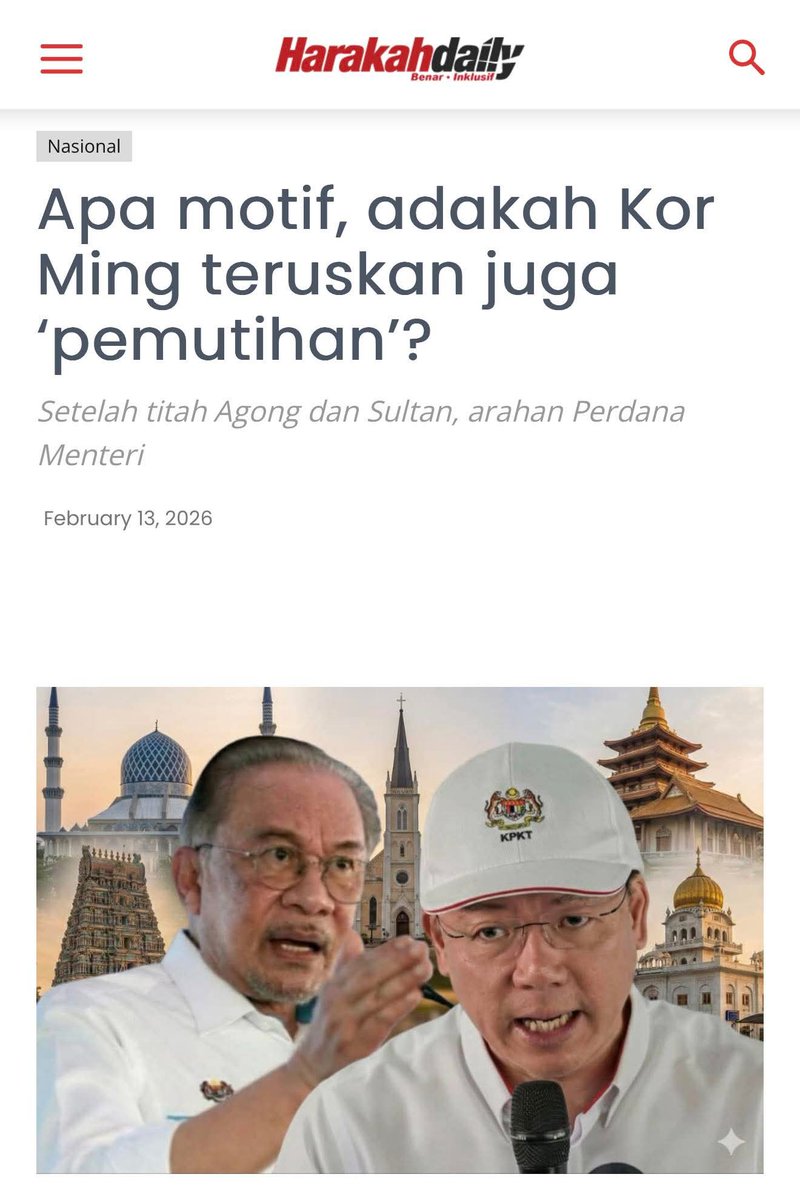 Yang di-Pertuan Agong, Sultan Ibrahim Ibni Sultan Iskandar bertitah mengingatkan semua pihak agar mematuhi undang-undang tanah terutama dalam isu pembinaan rumah ibadat, termasuk kuil.

Berita penuh

harakahdaily.net/2026/02/13/apa…