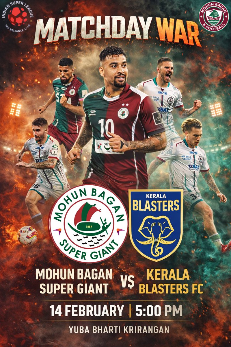 MBandFooty's tweet photo. Match day 
Indian super league
Session opener 
Mohun Bagan super gaint vs kerala blasters fc 
14 February at 5 .00 pm (ist )
Yuba bharti krirangan 
Live telecast on sony sports network
Live streaming on : fancode
#JoyMohunBagan
#mariners
#Mbsg
#isl
#IndianFootball https://t.co/6X86Wjnmlo