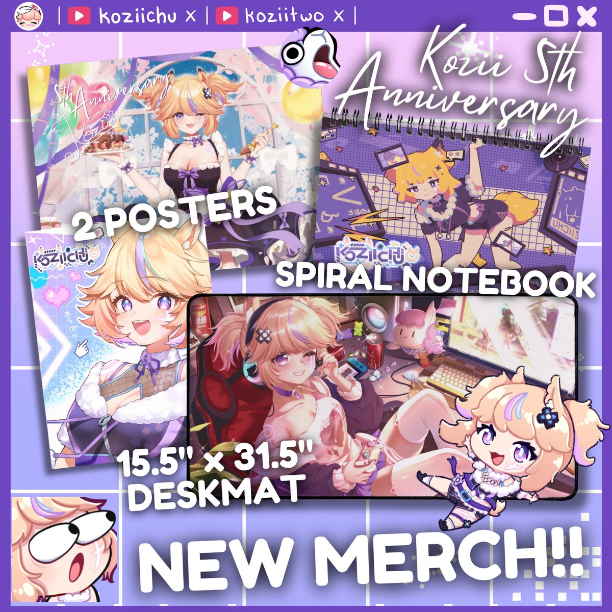 I have some MERCH!! For my ANNIVERSARY!!

The anniversary posters are limited time so if you're interested in em, please grab em soon!

I reaaally like the notebook and deskmat personally. I hope you guys enjoy all of it!!
koziichu.com/en-usd/collect…
