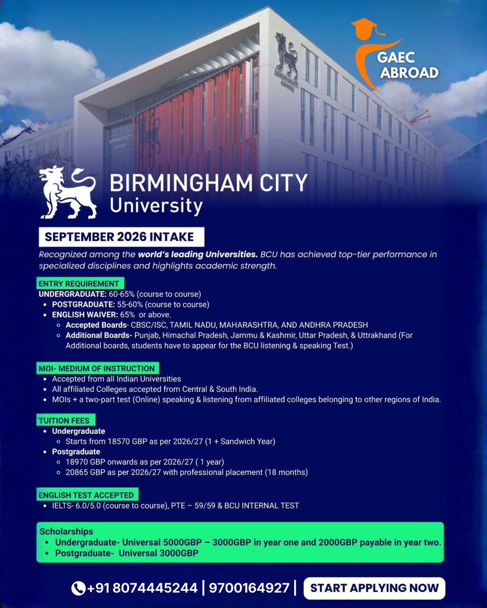 GAECABROAD's tweet photo. Dreaming of studying in the UK? 🇬🇧
Birmingham City University offers career-focused courses, scholarships, and flexible English waivers for eligible students.
Apply_attach for the September 2026 intake and start your global journey today!
Hashtags:
#BirminghamCityUniversity https://t.co/F1zW2e1d2b