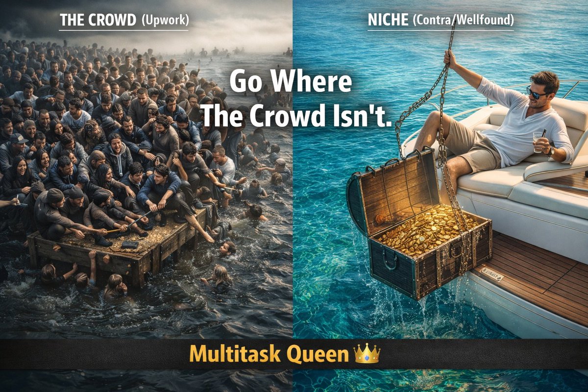 Multitask_Queen's tweet photo. Upwork is too crowded. Move to the niches.

Stop competing with 500 people for one job. Use Contra (0% fees), Wellfound (Startup jobs), or ProBlogger (Top-tier writing).

High demand, low noise. Win better.

Save &amp; Follow for daily growth hacks 👑 https://t.co/Y4QRPXiNJq