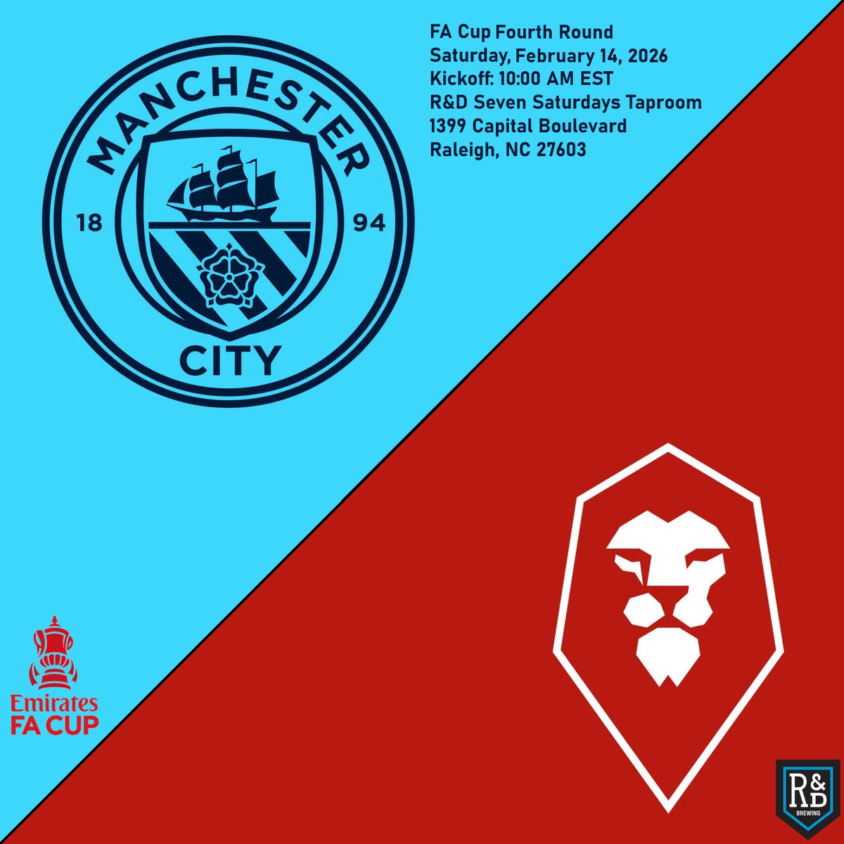 It's Valentine's Day, but there will be no love lost between these two fanbases in the FA Cup. Join us at R&amp;D this morning as Manchester City take on near-neighbors Salford City of League Two. This marks the second year in a row we're taking on the Ammies. Kickoff is at 10 AM.
