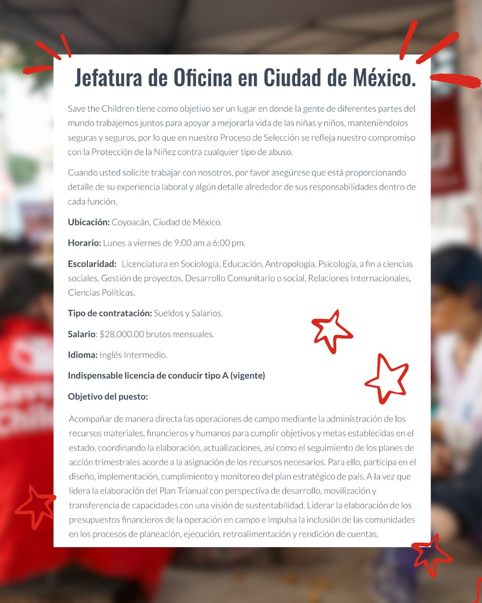 SaveChildrenMx's tweet photo. ✨ Nuestro equipo en la CDMX te necesita ✨

Se parte de nuestra organización y ocupa el puesto en la jefatura de oficina de la Ciudad de México 🔴

Conoce todos los detalles en el siguiente link 👉 https://t.co/HwDDLRH1s4 https://t.co/4QgC2AGrhD