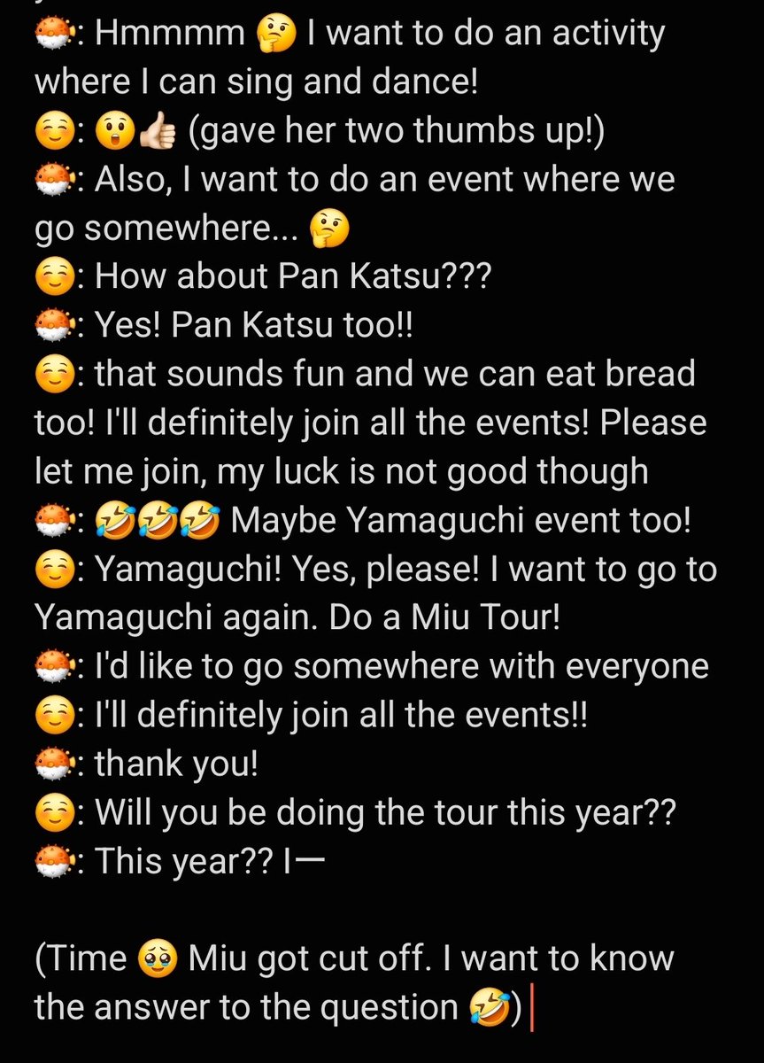 Shitao Miu Online Meguri 2/14 Slot 5 4 tickets

Asked Miu about her plans for her fanclub↓
miumiuhouse.officialfc.jp

I'm excited! I hope she does a lot of events, definitely gonna go to all!! Hopefully it's on weekends 🤭 I hope she gets to do lots of activities 🙏🏻🙇🏻‍♀️

#下尾みう
