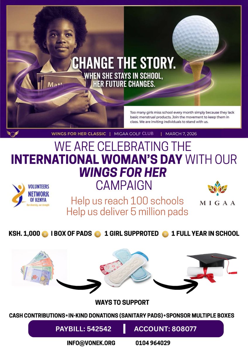 VonekInfo's tweet photo. Wings for Her is a purpose-driven charity golf initiative uniting golfers, corporates, and partners to support girls in marginalized and ASAL communities. Through sport and strategic collaboration, the tournament raises resources for #menstrualhealth, #mentorship &amp; #empowerment https://t.co/M2yyUsDdCU