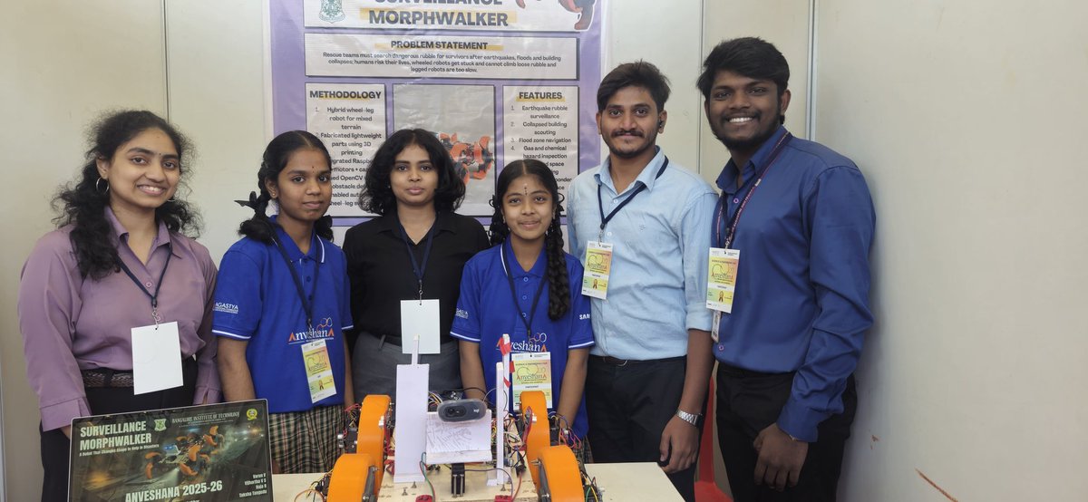 Robotics_BIT's tweet photo. Brains, bots &amp; real impact 🚀🤖

Team from Dept. of Robotics &amp; AI showcased Surveillance MorphWalker at Anveshana 2026 (Agastya Foundation x Samsung) — an autonomous disaster-rescue robot built to navigate tough terrains &amp; save lives 🌍🚑
#Anveshana2026 #RoboticsAndAI #Innovation https://t.co/lEeWI90tTF