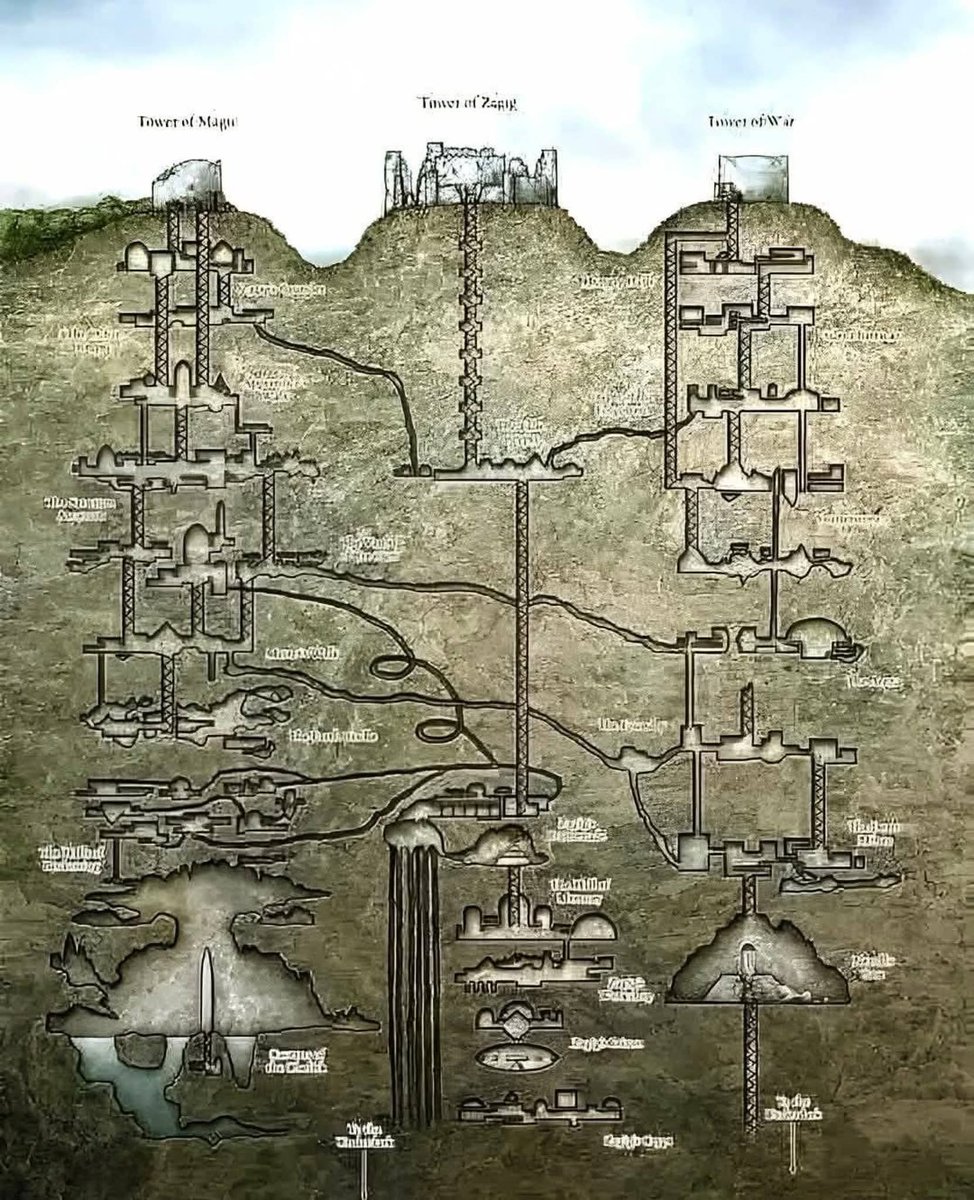 UnearthedHQ's tweet photo. The diagram illustrates the astonishing vertical layout of Derinkuyu Underground City, the deepest known subterranean settlement in the world. First expanded around the 8th–7th centuries BCE (with later Byzantine modifications), Derinkuyu descends over 60 meters and contains 18+ levels carved directly into volcanic tuff. The cutaway reveals an advanced urban system: living quarters, kitchens, wineries, stables, chapels, schools, storage rooms, and massive circular stone doors that could seal corridors from invaders.

A central ventilation shaft—also serving as a well—supplied fresh air and water to every level, while narrow passages and elevation changes enhanced defense. This was not a cave, but a fully planned underground city capable of sheltering thousands for extended periods, demonstrating sophisticated engineering, ventilation science, and crisis architecture long before modern bunkers.