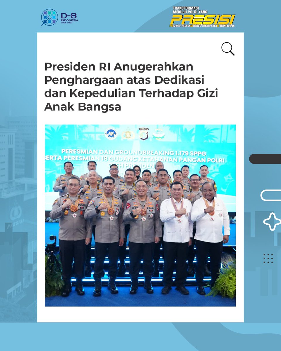 Presiden RI Jenderal TNI (Purn.) H. Prabowo Subianto, menganugerahkan tanda kehormatan negara kepada para penggerak Program Makan Bergizi Gratis (MBG) dan penguat rantai pasok Satuan Pelayanan Pemenuhan Gizi (SPPG) Polri.