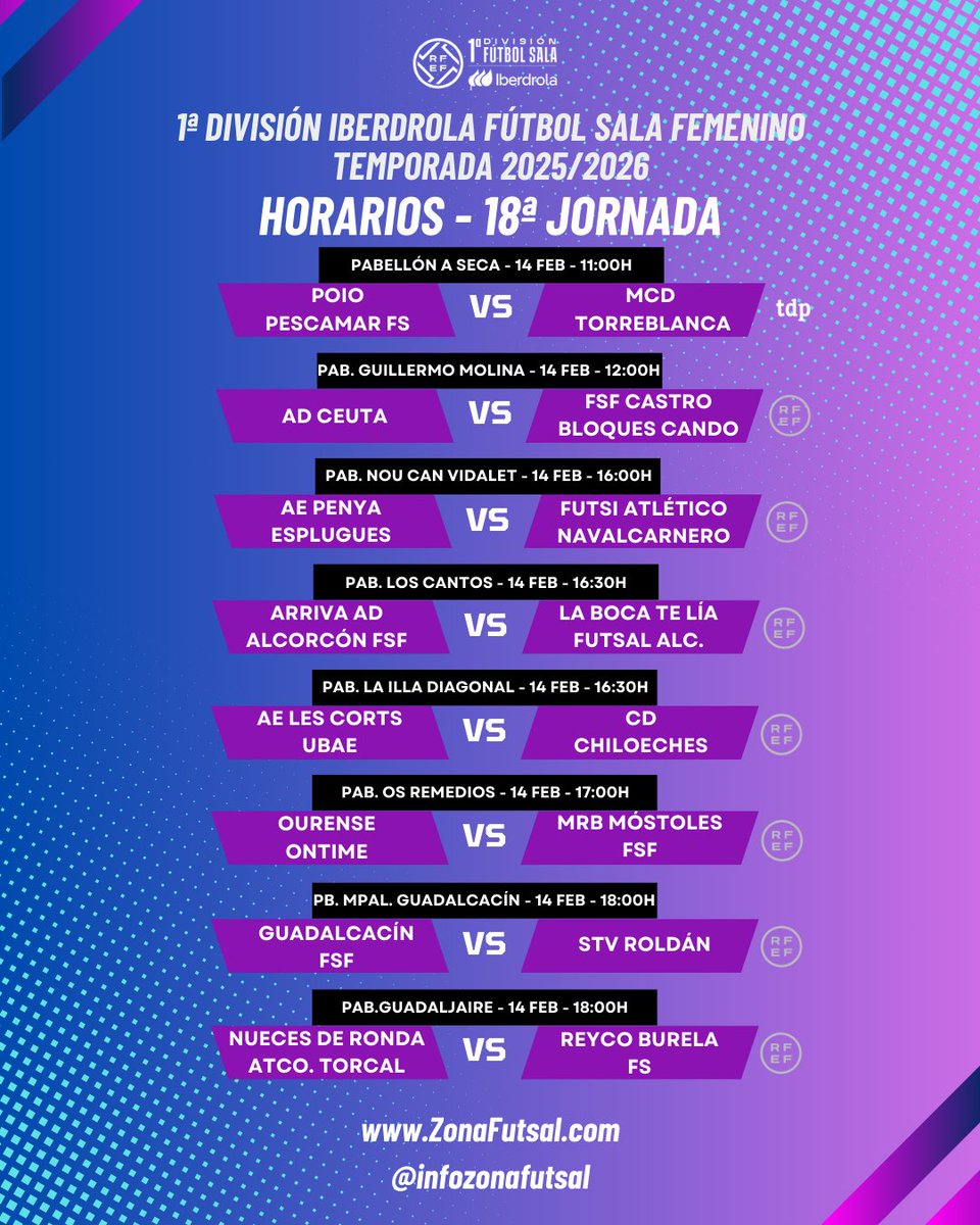 🟣18ª Jornada - 1ª División Iberdrola Fútbol Sala Femenino:

🟣Horarios:

🟣El partidazo en A Seca entre <a href="/PoioPescamarfs/">Poio Pescamar FS</a> (2ªs) y MCD <a href="/TorreblancaFS1/">Melilla Ciudad del Deporte Torreblanca C.F</a> (Líderes) con <a href="/rtveplay/">RTVE Play</a> a las 11:00h hoy Sábado 14/FEB.

🟣El resto va por el Canal RFEF y <a href="/live_vuvuzela/">SinopsisVuvuzela</a>.

#fútbolsalafemenino