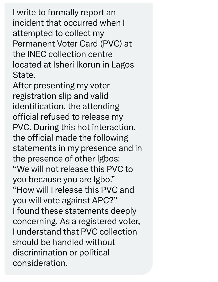 I received this in my inbox. RT this and call <a href="/inecnigeria/">INEC Nigeria</a> out massively.

This will not be tolerated.

“Mazi Oké osimiri adịghị akọrọ,

Please use your platform to sensitive reasonable Nigerians. 

I write to formally report an incident that occurred when I attempted to