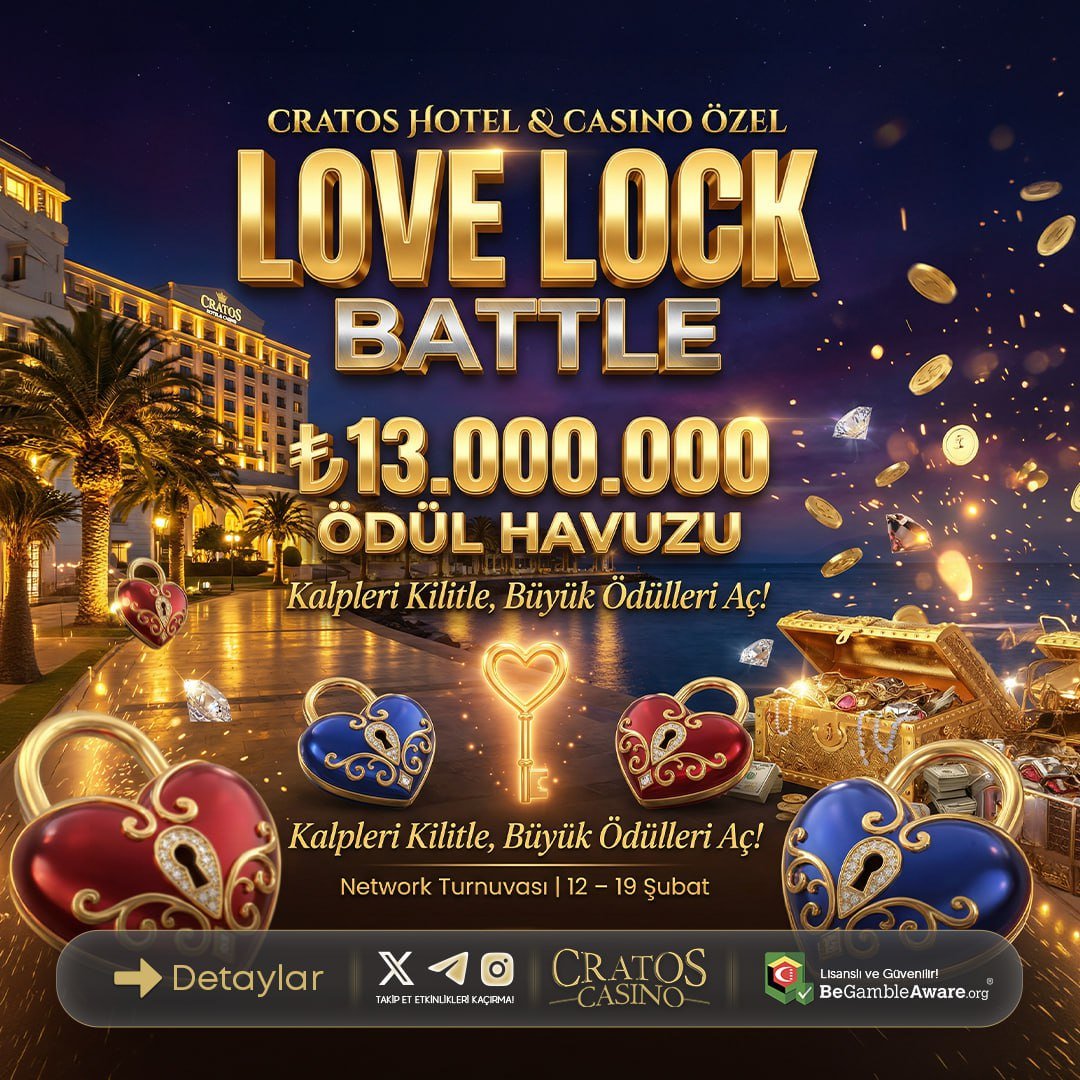 ⬇️ÖDÜL HAVUZU⬇️

13.000.000 TL

▶️ Cratos Hotel &amp; Casino özel LOVE LOCK BATTLE ile heyecan zirveye çıkıyor! 🔥

💰 ₺13.000.000 Ödül Havuzu ile kalpleri kilitle, büyük ödüllerin kapısını arala! 🔑✨

✅ GÜNCEL GİRİŞ:t2m.io/CratosGuncelGi…