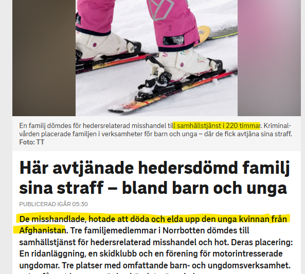 Stort_allvar's tweet image. Nu var det ju inte enbart den unga kvinnan som var från Afghanistan, utan även de som misshandlade henne.
SVT "råkade" vända det så.
Oavsett:
Paret uppmanades av mannens mamma att ha sex och sedan visa upp ett tygstycke med blod för att bevisa att hon var oskuld. Men det kom…