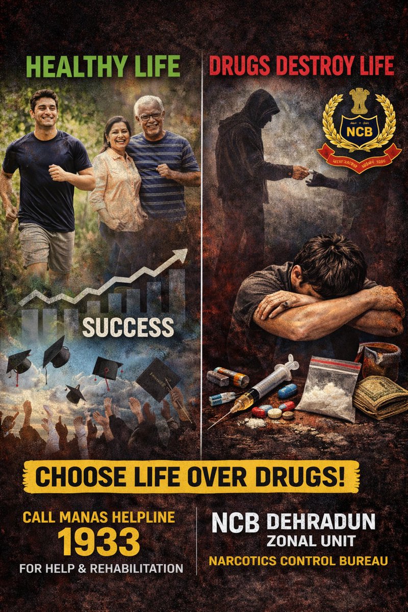 Say No to Drugs , Say Yes to Life .
For help &amp; rehabilitation , call Manas Helpline at 1933 
#sayyestolife #saynotodrugs #manas1933 #ncbindia #PMO #ncbdehradun #ncbmanas #manashelplinenhmber1933