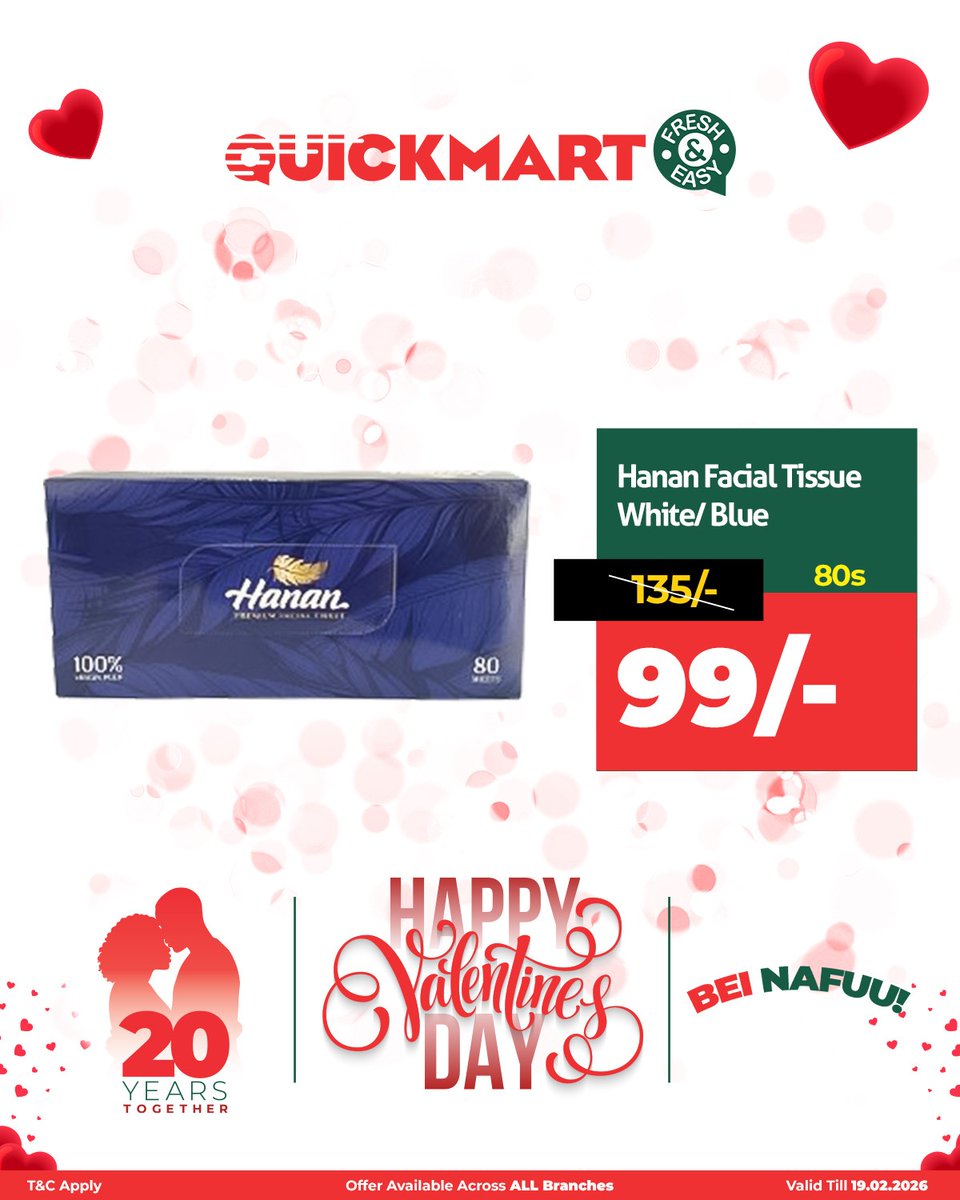 GoldenWriters_'s tweet image. This Valentine’s, stay soft and thoughtful with Hanan Facial Tissue White/Blue 80s now 99/- from 135/-. Perfect for daily care, bei nafuu. Valid till 19.02.2026 across all branches. T&amp;amp;Cs apply. #20YearsTogether #ShareLoveNaQuickmart @QuickmartKenya