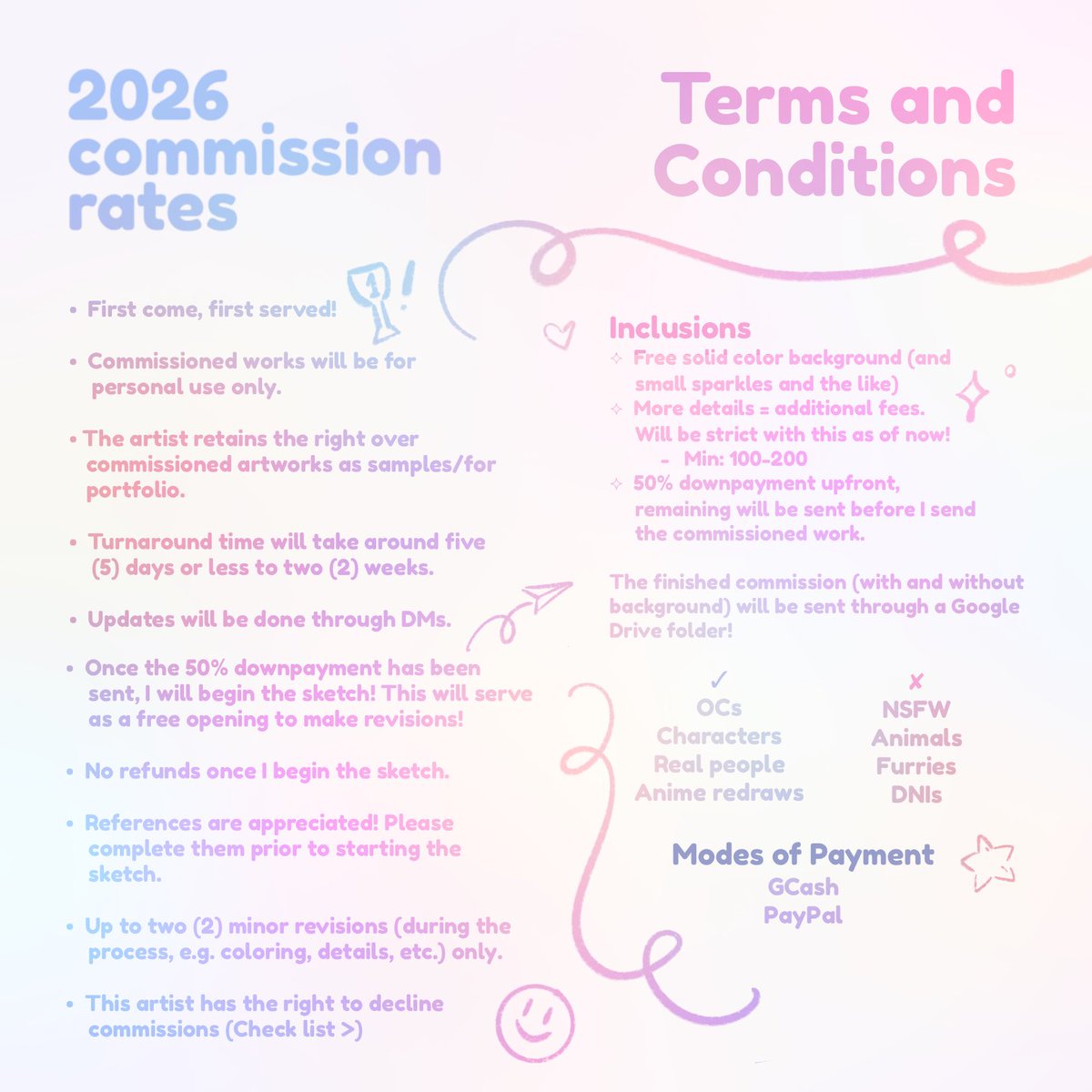 miitsukuni's tweet photo. 🪽2026 commission sheet ! 
↳ slots will be open for march, depending on workload ^^

feel free to dm! 💌 
rts are also appreciated ><

🔖: #commissionsopen #commsopen #artph https://t.co/ne1E6cMSTk