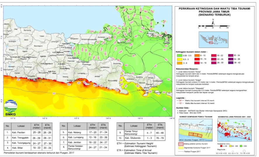PRAKIRAAN UMUM KETINGGIAN &amp; WAKTU TIBA TSUNAMI

- Kabupaten Pacitan
Estimasi Ketinggian Tsunami : 25-28 Meter
Estimasi Waktu Tiba Tsunami : 26-29 Menit

- Kabupaten Trenggalek
Estimasi Ketinggian Tsunami : 26-29 Meter
Estimasi Waktu Tiba Tsunami : 28-31 Menit

- Kabupaten