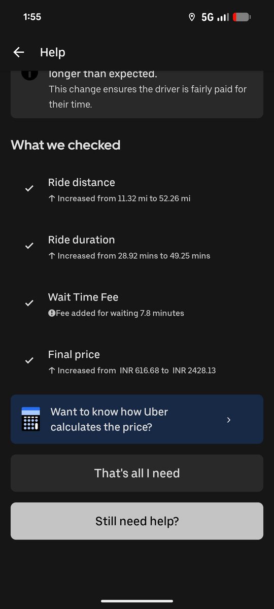 SeemaMahto5's tweet photo. Fare shown ₹616, charged ₹2428 for the Uber ride from Indira Gandhi International Airport T1 to C Lal Chowk at ~1 AM. Distance was same. Driver stopped 20 mins for CNG &amp; argued. As a woman alone, I paid for safety. This is overcharging . Refund immediately. @Uber_India https://t.co/npf575GrLg