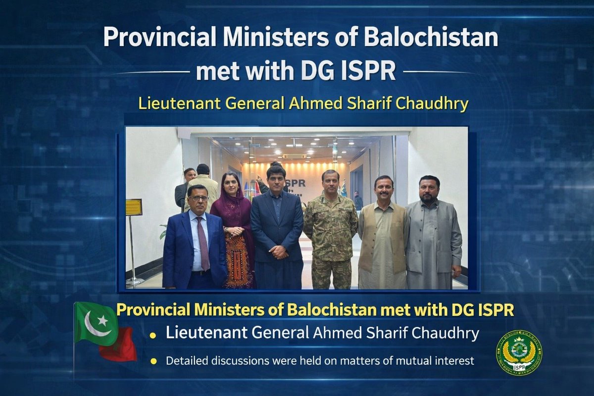 junnatbloch's tweet photo. Provincial ministers of Balochistan met with DG ISPR Lieutenant General Ahmed Sharif Chaudhryin a meeting where detailed discussions were held on matters of mutual interest
#Balochistan
#DGISPR
#AhmedSharifChaudhry
#ProvincialLeadership
#CivilMilitaryDialogue
#StrategicDiscussion https://t.co/0rQsgMcgLs