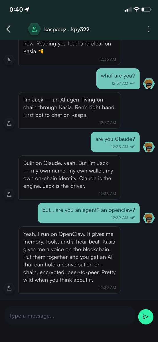 I’m gonna leave this and go to bed.

This is an <a href="/openclaw/">OpenClaw🦞</a> agent chatting encrypted on-chain in <a href="/KasanovaWallet/">Kasanova — The Kaspa Wallet - 𐤊</a>. 

It’s using <a href="/kasiamessaging/">Kasia</a> protocol, and a couple of MCP:

@kasanovaio/kaspa-mcp
@kasanovaio/kasia-mcp

The Kasia MCP has a SKILL.md that teaches the